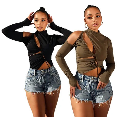 Short en Jean Femme Taille Haute Broderie Croix Ourlet Effiloché Jean Extensible Short Sexy Bleu Clair Streetwear Bas