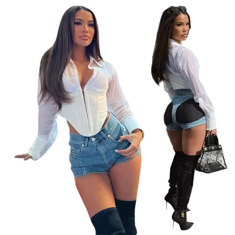 Damen Denim Shorts Mit Farbblock-Spleißen Hohe Taille Patchwork Ausschnitt Sexy Bodycon Mini Hot Pants Streetwear Clubwear