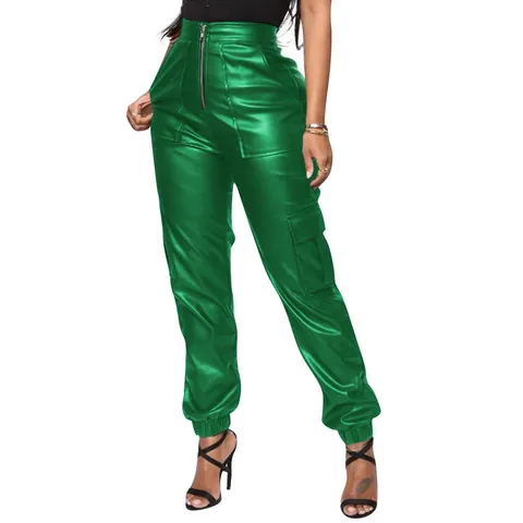 Dames High Waist Kunstleer Cargo Broek PU Jogger Streetwear Met Meerdere Zakken Gemanchette Zoom Broek Onderkant