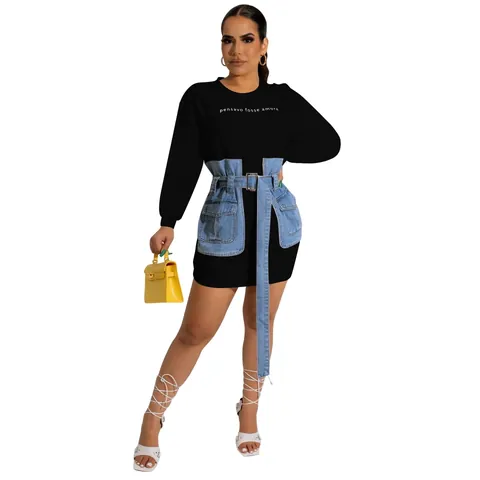 Robe en Jean Patchwork d'Automne pour Femmes Brodée de Lettres Manches Longues avec Ceinture Robe Midi Mode