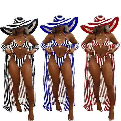 Women's Three Piece Bikini Set Printed Striped Swimwear With Long Beach Cover Up Nylon High Cut Swimsuit Bathing Suit