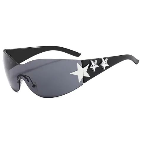 Y2K Rimless Star Sunglasses For Women Men UV400 Protection One Piece Wrap Around Sports Shield Shades Vintage Rimless Star Decor Sunglasses