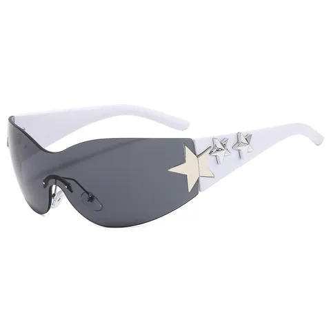 Y2K Rimless Star Sunglasses For Women Men UV400 Protection One Piece Wrap Around Sports Shield Shades Vintage Rimless Star Decor Sunglasses
