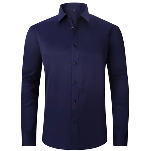 Men Business Long Sleeve Shirt 4-Way Stretch Non-Iron Anti-Wrinkle Solid Color Dress Shirt Slim Fit Formal Casual Top