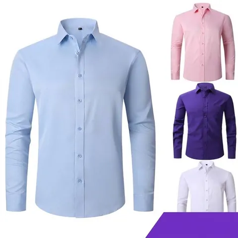 Men Business Long Sleeve Shirt 4-Way Stretch Non-Iron Anti-Wrinkle Solid Color Dress Shirt Slim Fit Formal Casual Top