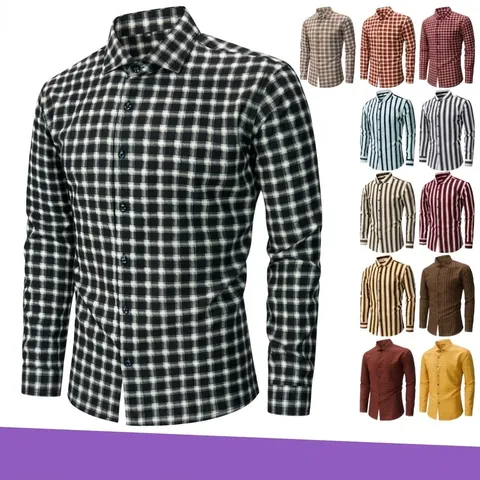 Herren Kariert Gestreift Langarmhemd Digitaldruck Business Casual Euro Plus Size Stretch Polyester Bügelfrei Top