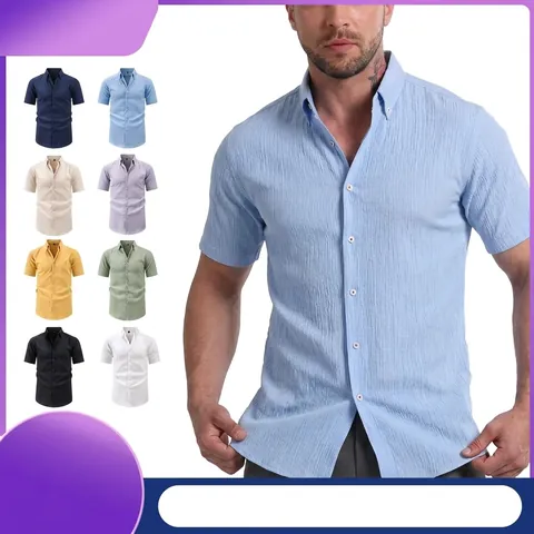 Men Vintage Seersucker Shirt Short Sleeve Breathable Polyester Crinkle Texture Vertical Striped Regular Fit Casual Top