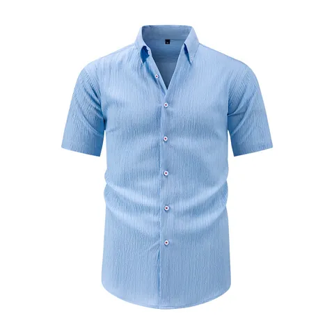 Men Seersucker Short Sleeve Shirt Vintage Striped Button Down Casual Tops Breathable Polyester Lightweight Beach Shirt Fashion Slim Fit