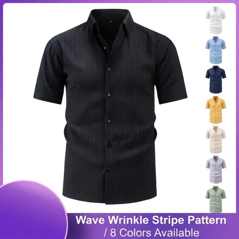 Men Seersucker Short Sleeve Shirt Vintage Striped Button Down Casual Tops Breathable Polyester Lightweight Beach Shirt Fashion Slim Fit