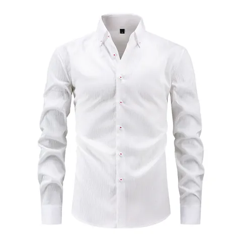 Men's Long Sleeve Shirt Vertical Wave Stripe Seersucker Texture Stretch Non-Iron Slim Fit Business Casual Button Down Top