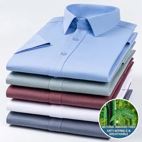 Chemise Homme Fibre de Bambou Manches Courtes Business Décontracté Rafraîchissant Infroissable Sans Repassage Haut