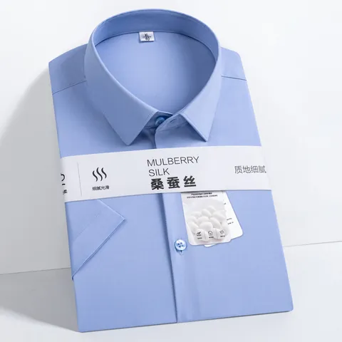 Men's Business Formal Mulberry Silk Blend Shirt Non-Iron Wrinkle-Resistant Solid Color Short Long Sleeve Dress Shirt Top