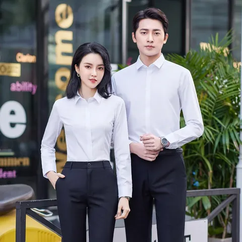Camisa Profesional de Negocios de Fibra de Bambú de Manga Larga para Hombre y Mujer Sin Planchado Elástica Uniforme de Trabajo Formal Color Sólido Ajustada