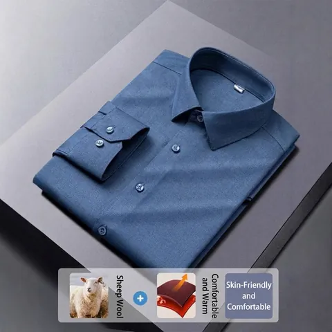 Men Wool Modal Long Sleeve Shirt Business Slim Fit Non-Iron Herringbone Texture Formal Shirt Top For Autumn Spring
