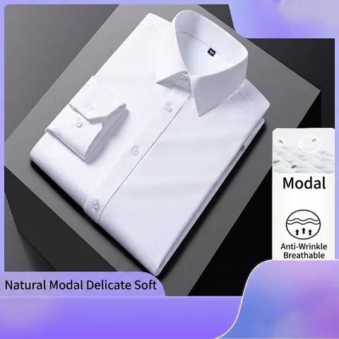Unisex Modal Business Shirt Anti-Wrinkle Cool Breathable Long Sleeve Formal Office Blouse Solid Color Regular Fit Shirt