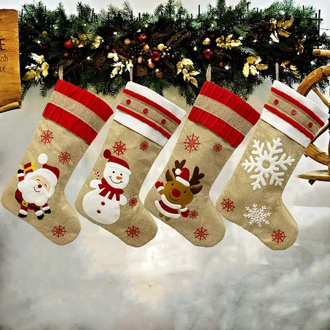 Large Burlap Christmas Stocking Embroidered Applique Fireplace Decoration Reindeer Santa Snowman Snowflake Gift Bag