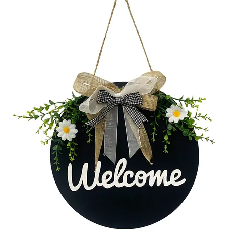 Rustic Round Wooden Welcome Sign with Artificial Greenery and Burlap Bow Front Door Wall Decor Farmhouse Style Wreath