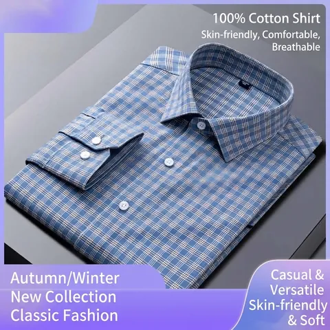 Chemise Homme Business Décontractée en Coton Brossé à Carreaux Épaisse Manches Longues Sans Repassage Haut de Bureau Quotidien
