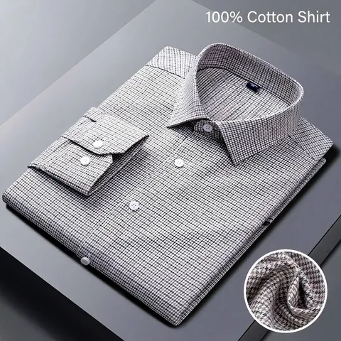 Chemise Homme Business Décontractée en Coton Brossé à Carreaux Épaisse Manches Longues Sans Repassage Haut de Bureau Quotidien