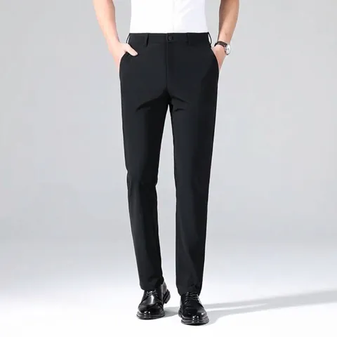 Men's High Stretch Business Casual Suit Pants Fleece Lined Thickened Warm Trousers Acrylic Polyester Solid Color Commuter Pants