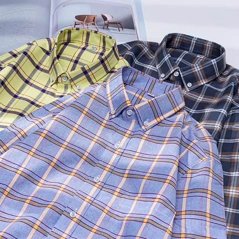 Men Cotton Oxford Long Sleeve Plaid Shirt Casual Button Down Checked Shirt Fashion Youth Large Size Top Enzyme Washed Dyed