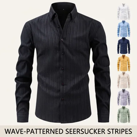 Men's Long Sleeve Shirt Vertical Wave Stripe Seersucker Texture Stretch Non-Iron Slim Fit Business Casual Button Down Top