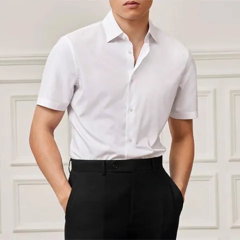 Camicia Business da Uomo a Maniche Corte Misto Cotone Antipiega Bianco Blu Spigato Lavoro Professionale Formale Top