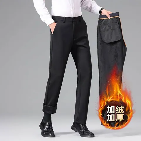 Men's Business Casual Suit Pants Slim Fit Solid Color Polyester High Stretch Fleece Lined Autumn Winter Formal Trousers