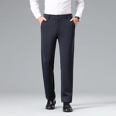 Men's Business Casual Suit Pants Slim Fit Solid Color Polyester High Stretch Fleece Lined Autumn Winter Formal Trousers
