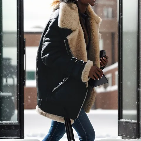 Women's Faux Shearling Jacket Suede Lambswool Lined Coat Aviator Biker Jacket Winter Warm Lapel Zip Up Outerwear Top