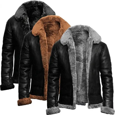 Men Winter PU Leather Jacket Fleece Lined Shearling Style Lapel Warm Windproof Motorcycle Coat Casual Fashion Outerwear