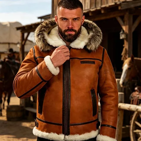 Men's Winter Hooded Faux Leather Jacket Thick Sherpa Lined Aviator Coat With Fur Collar Brown Windproof Outerwear Top