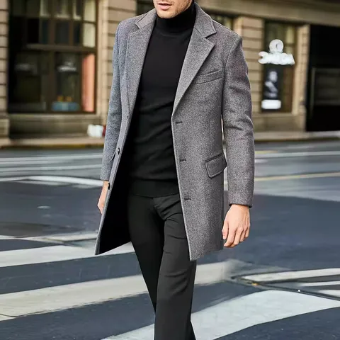Men's Mid-Length Wool Blend Overcoat Single Breasted Notch Lapel Business Casual Fashion Long Jacket Youth Men Coat Autumn