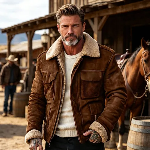 Men Vintage Workwear Jacket Faux Suede Shearling Lined Lapel Multi-Pocket Thickened Warm Winter Coat Outerwear Top