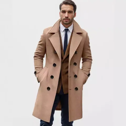 Men Slim Fit Mid Length Double Breasted Polyester Overcoat Winter Warm Business Casual Minimalist Outerwear
