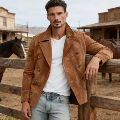 Men's Western Retro Suede Double-Breasted Lapel Jacket Casual Fashion Slim Fit Outerwear Top For Spring Autumn