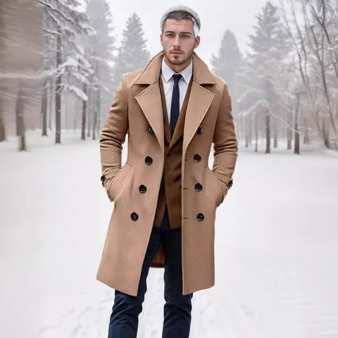 Men Slim Fit Mid Length Double Breasted Polyester Overcoat Winter Warm Business Casual Minimalist Outerwear