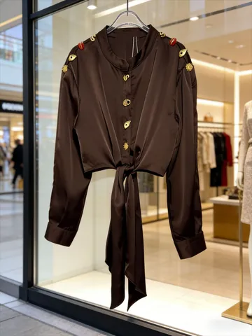 Dames Elegante Satijnen Blouse Lange Mouw Niche Ontwerp Gouden Knopen Tailleband Overhemd Chic Europese Stijl Slim Fit Top