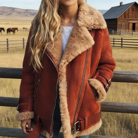 Women's Faux Shearling Jacket Suede Lambswool Lined Coat Aviator Biker Jacket Winter Warm Lapel Zip Up Outerwear Top