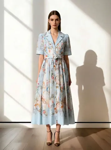 Franse Stijl Elegante Bloemenprint Maxi Jurk Voor Dames Revers Korte Mouw Met Riem Slank A-Lijn Polyester Lange Jurk
