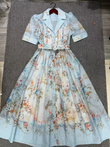 Franse Stijl Elegante Bloemenprint Maxi Jurk Voor Dames Revers Korte Mouw Met Riem Slank A-Lijn Polyester Lange Jurk