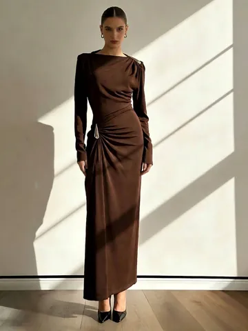 Dames Designer Rimpeling Slim Fit Lange Mouw Maxi Jurk Geplisseerd Vloerlengte Avondfeest Jurk Effen Kleur Bodycon Jurk