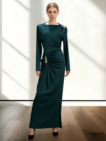 Dames Designer Rimpeling Slim Fit Lange Mouw Maxi Jurk Geplisseerd Vloerlengte Avondfeest Jurk Effen Kleur Bodycon Jurk