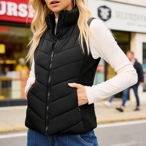 Chaleco Acolchado de Poliéster Casual para Mujer Cuello Alto Chaqueta Sin Mangas Acolchada Ropa de Abrigo Cálida Otoño Invierno