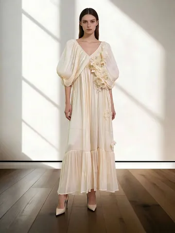 Robe Maxi Plissée de Style Français Avec Manches Bouffantes et Col en V Pour Femmes Élégante Applique Florale 3D Robe Longue de Vacances