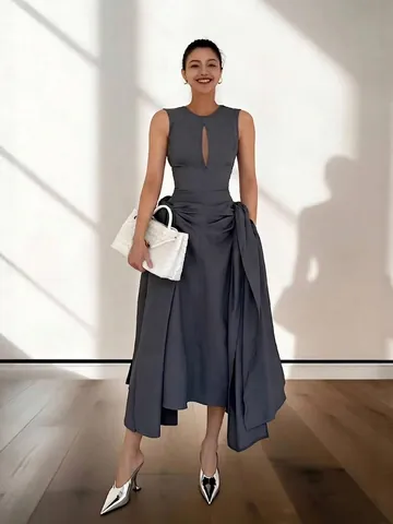 Elegant Sleeveless Hollow Out Pleated Dress For Women Chic Irregular Hem Big Swing Maxi Dress Solid Color Niche Midi Dress