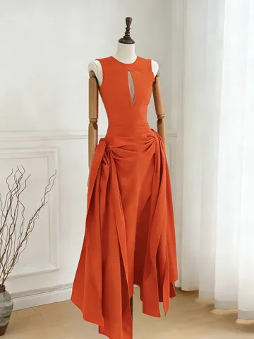 Elegant Sleeveless Hollow Out Pleated Dress For Women Chic Irregular Hem Big Swing Maxi Dress Solid Color Niche Midi Dress