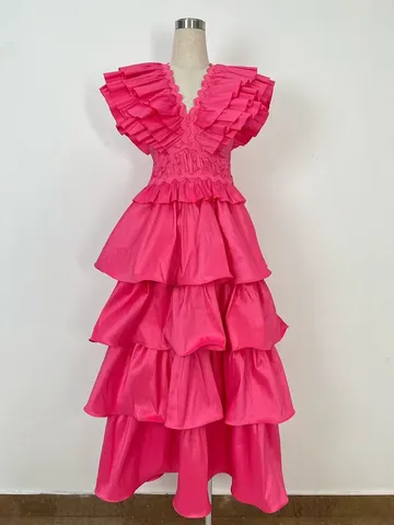 Elegante Gelaagde Ruffles Maxi Jurk Dames V-Hals Geplooide Avondjurk High-End Banket Formele Jurk A-Lijn Pofjurk
