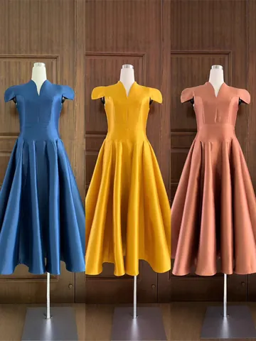 Women V-Neck Petal Sleeve Prom Dress High Waist Elegant Acetate Glossy Satin A-Line Puffy Skirt Maxi Dress For Wedding Party