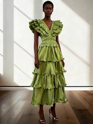 Elegante Gelaagde Ruffles Maxi Jurk Dames V-Hals Geplooide Avondjurk High-End Banket Formele Jurk A-Lijn Pofjurk